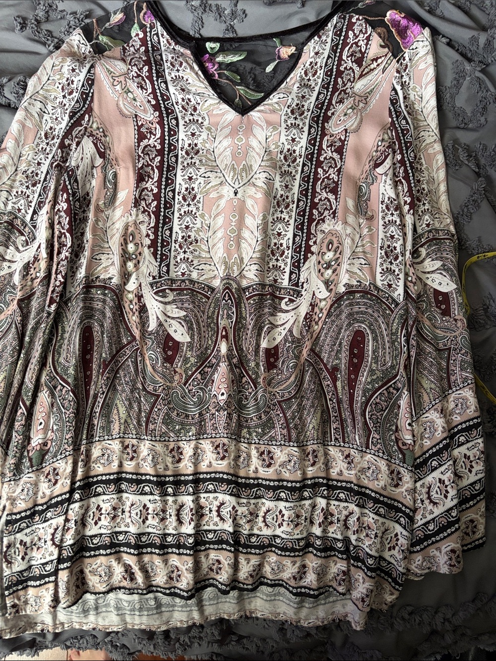 Paisley V-Neck Tunic Top in Blush with embroidered top back— Women’s Tunic